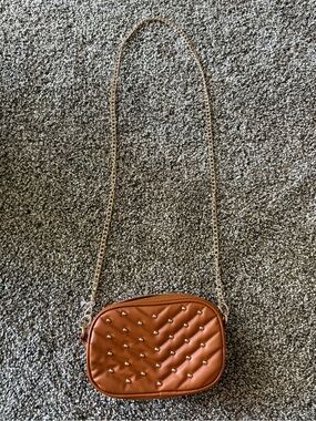 Brown Quilted Crossbody Bag with Stud Accents